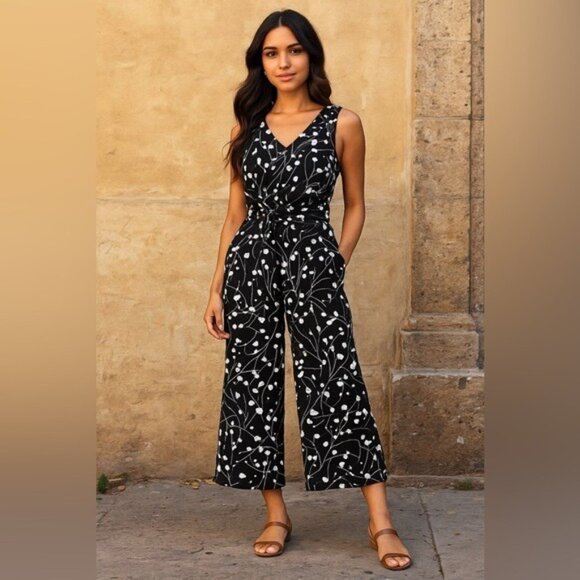 Calvin Klein Black White Floral Sleeveless Wide-Leg Jumpsuit Size 4 - Picture 11 of 11